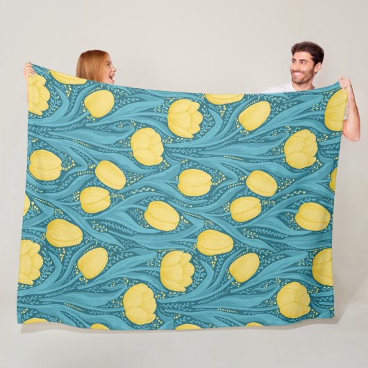 青と黄色のチューリップ フリースブランケット (インサイチュ)