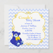 青と黄色のテディベア·カップルのベビーシャワー 招待状 (正面)