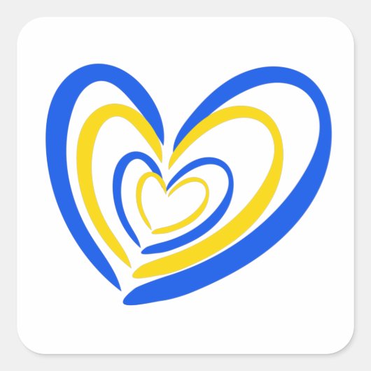 青と黄色のハートがウクライナ平和の戦争を支援 スクエアシール (正面)