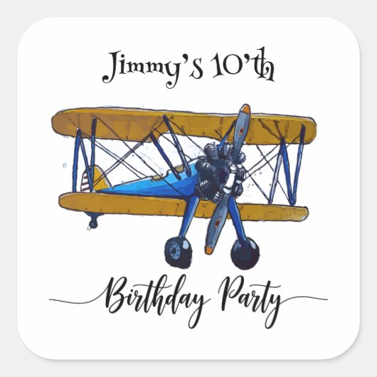 青と黄色のバイプレーンを持つ男の子の誕生日パーティー スクエアシール (正面)