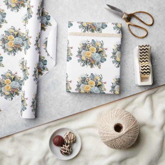 青と黄色のバラのウェディングブーケ ラッピングペーパー (クラフト)