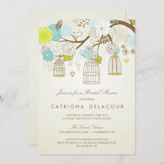 青と黄色のバードケージブライダルシャワーの招待 招待状 (正面/裏面)