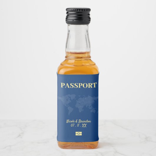 青と黄色のパスポート宛先の結婚式 リキュールボトルラベル (正面)