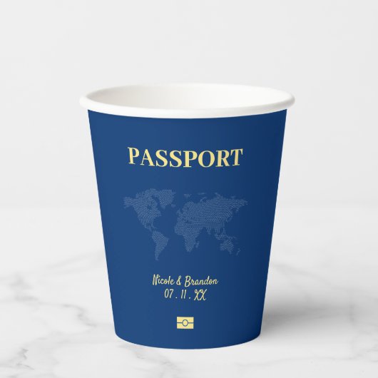 青と黄色のパスポート宛先の結婚式 紙コップ (正面)