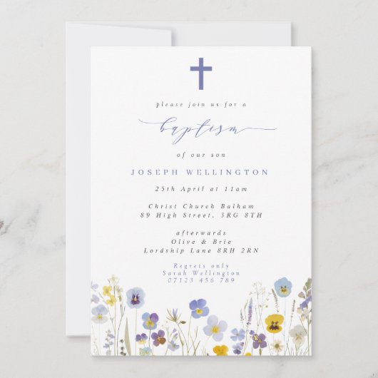 青と黄色のパンシーワイルドフラワーバプテスマ 招待状 (正面)