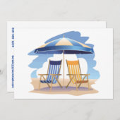 青と黄色のビーチチェストライプのアと傘 招待状 (正面/裏面)