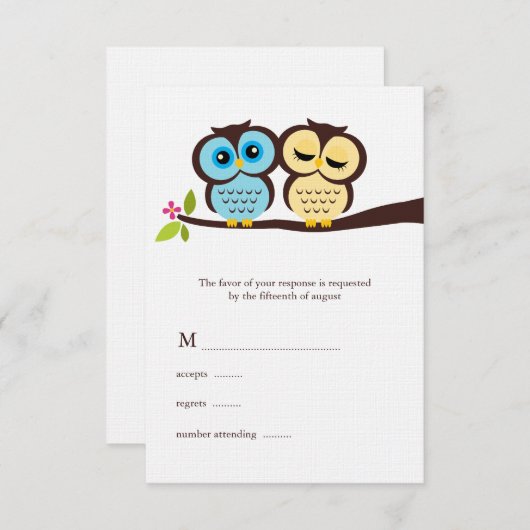 青と黄色のフクロウ結婚ズ 出欠カード (正面/裏面)