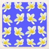 青と黄色のフランジパニ柄 スクエアペーパーコースター (正面)