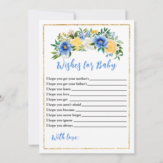 青と黄色のフローラの赤ちゃんシャワーがベビーを願う 招待状 (正面)