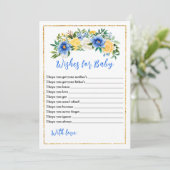 青と黄色のフローラの赤ちゃんシャワーがベビーを願う 招待状 (スタンド正面)