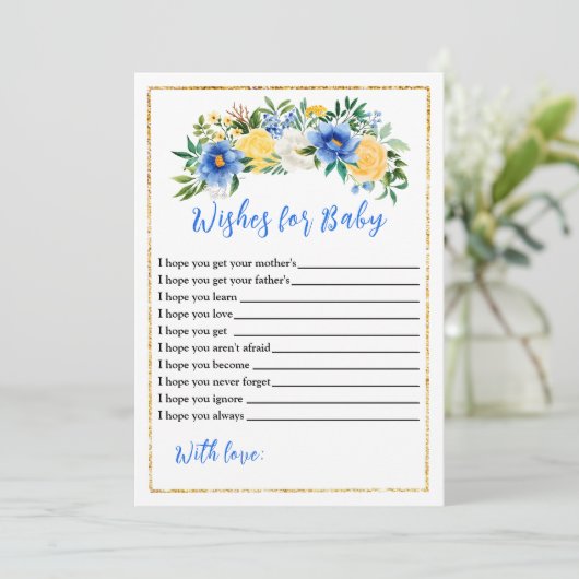 青と黄色のフローラの赤ちゃんシャワーがベビーを願う 招待状 (スタンド正面)