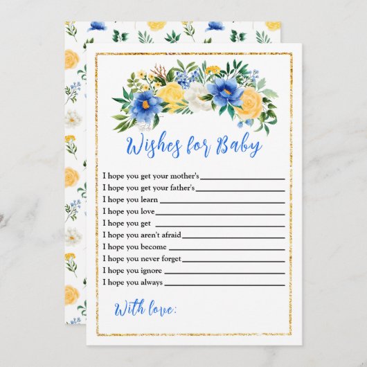 青と黄色のフローラの赤ちゃんシャワーがベビーを願う 招待状 (正面/裏面)