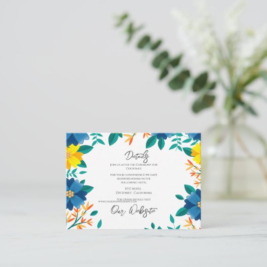 青と黄色のフローラエレガントな結婚式詳細 エンクロージャーカード (スタンド正面)