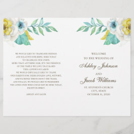 青と黄色のフローラ結婚式のプログラムを折り畳んだ