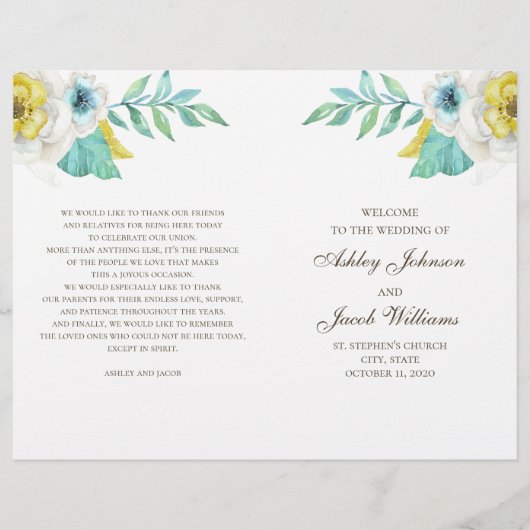 青と黄色のフローラ結婚式のプログラムを折り畳んだ (正面)