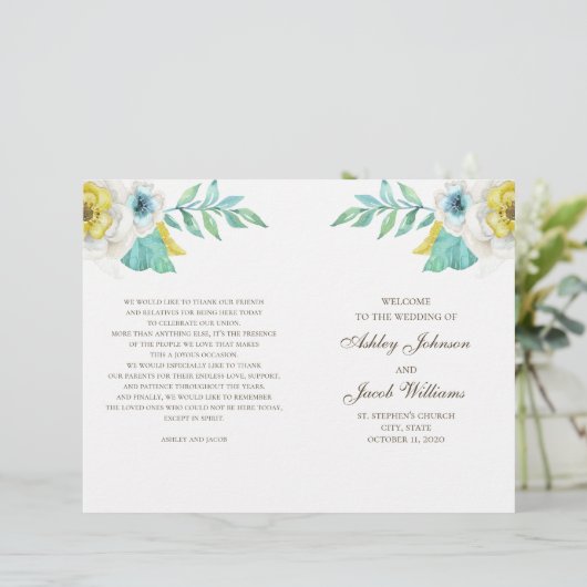 青と黄色のフローラ結婚式のプログラムを折り畳んだ (スタンド正面)