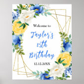 青と黄色のフローラ誕生日パーティー歓迎サイン ポスター (正面)