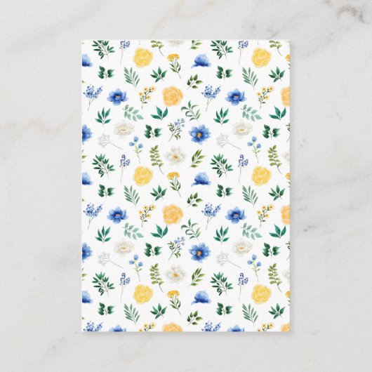 青と黄色のフローラ赤ちゃんシャワーおむつラッフル エンクロージャーカード (裏面)