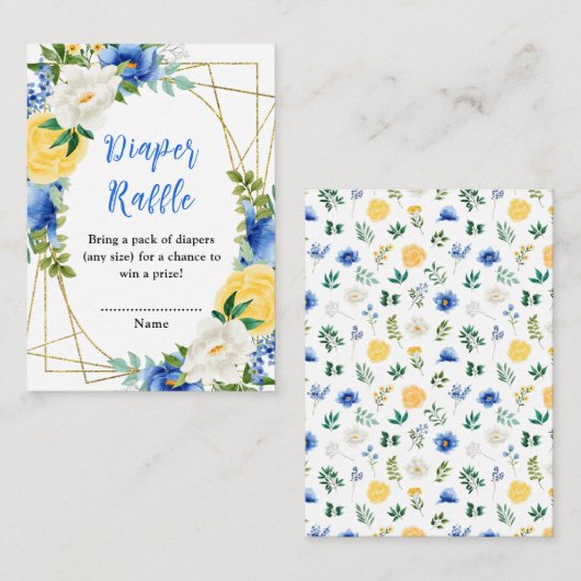 青と黄色のフローラ赤ちゃんシャワーおむつラッフル エンクロージャーカード (正面/裏面)