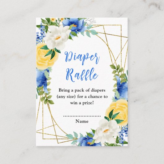 青と黄色のフローラ赤ちゃんシャワーおむつラッフル エンクロージャーカード (正面)