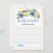 青と黄色のフローラ赤ちゃんシャワー知恵の言葉 招待状 (正面)