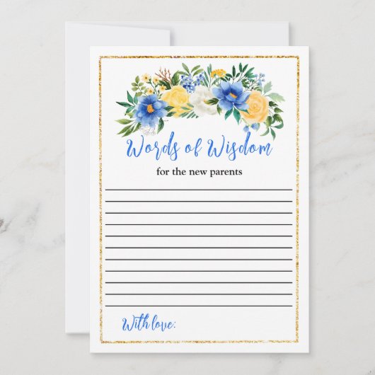 青と黄色のフローラ赤ちゃんシャワー知恵の言葉 招待状 (正面)