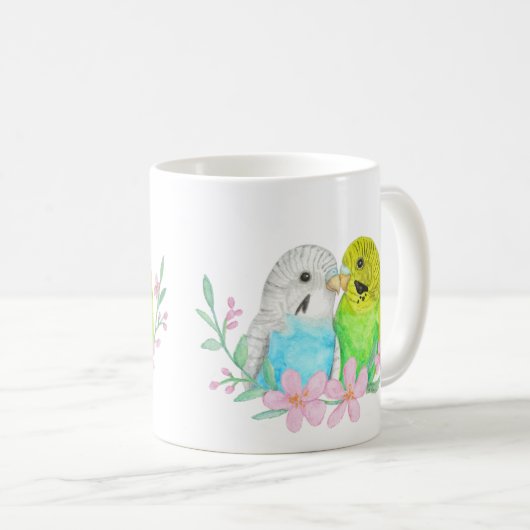 青と黄色のブジインパレーケッツ鳥の恋人のギフト コーヒーマグカップ (正面右)