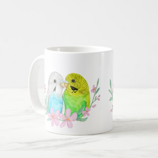 青と黄色のブジインパレーケッツ鳥の恋人のギフト コーヒーマグカップ (正面左)