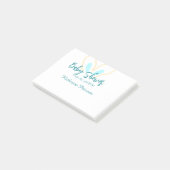青と黄色のベビーシャワーの名前と日付の動物の耳のかわいい ポストイット (アングル)