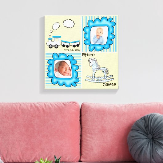 青と黄色のベビーフォト子供部屋ウォールデコール キャンバスプリント (インサイチュ (リビング))