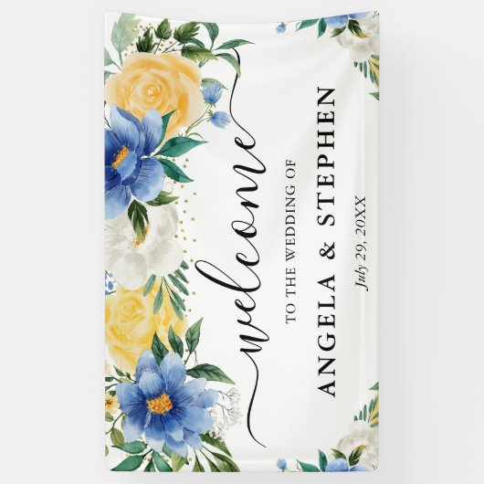 青と黄色のボホの花結婚の歓迎 横断幕 (縦)