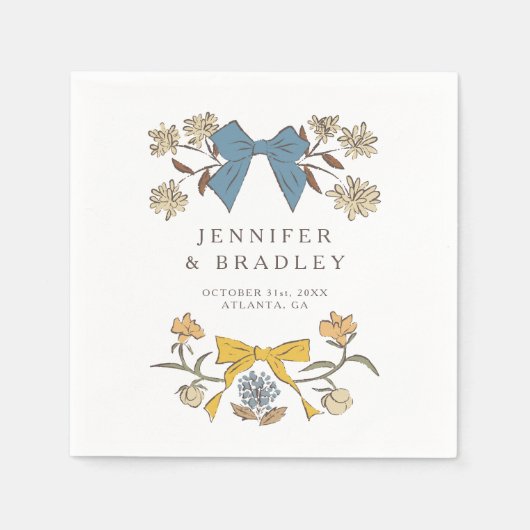 青と黄色のボホリボンと花結婚の数 スタンダードカクテルナプキン (正面)