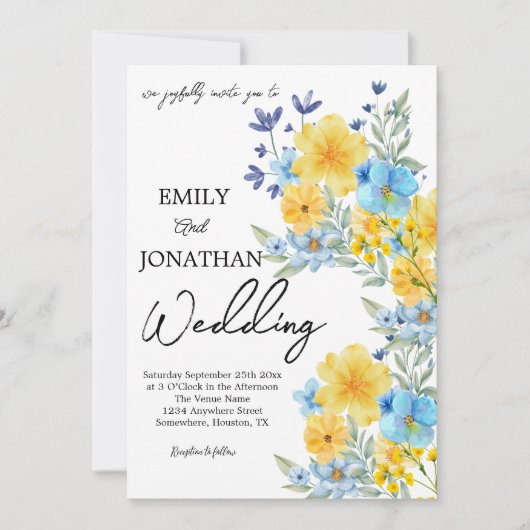 青と黄色のボールドな野生の花 招待状 (正面)