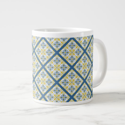 青と黄色のポルかわいらしガルのタイル模様 ジャンボコーヒーマグカップ (正面右)