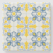 青と黄色のポルかわいらしガルのタイル模様 ストーンコースター (正面)
