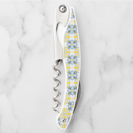 青と黄色のポルかわいらしガルのタイル模様 ソムリエナイフ (正面)