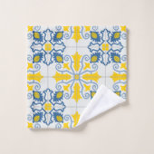 青と黄色のポルかわいらしガルのタイル模様 バスタオルセット (ウォッシュタオル)