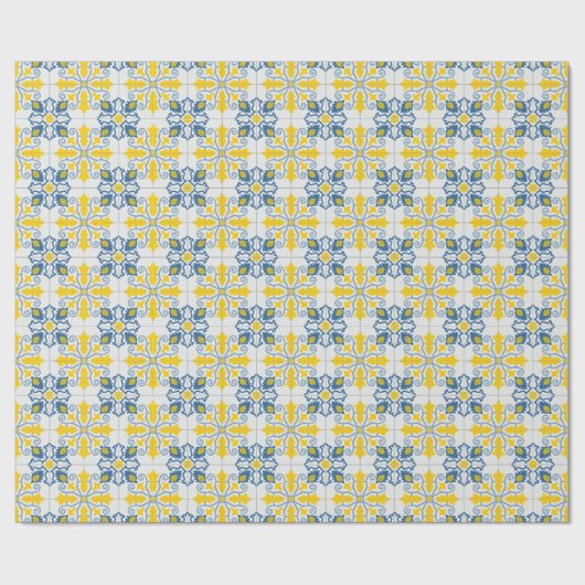 青と黄色のポルかわいらしガルのタイル模様 ラッピングペーパー (フラット)