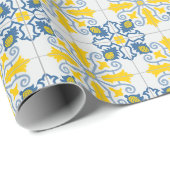 青と黄色のポルかわいらしガルのタイル模様 ラッピングペーパー (ロールコーナー)
