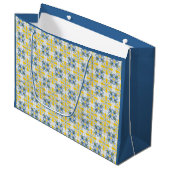 青と黄色のポルかわいらしガルのタイル模様 ラージペーパーバッグ (正面アングル)