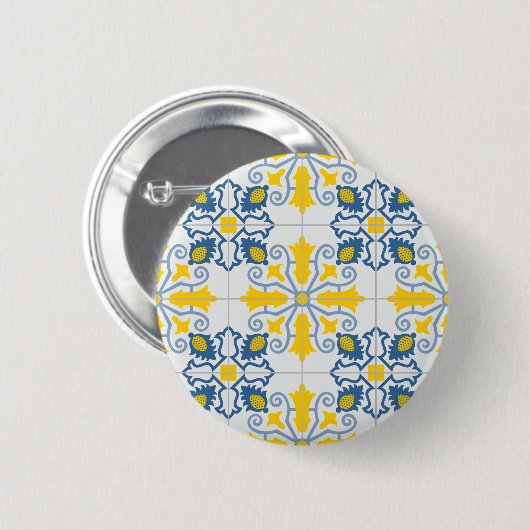 青と黄色のポルかわいらしガルのタイル模様 缶バッジ (正面&裏面)