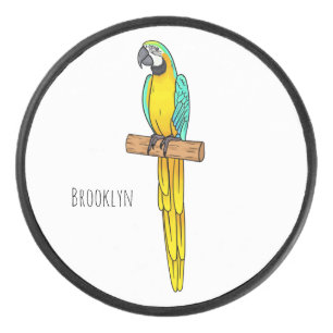 青と黄色のマカオの鳥の漫画イラストレーション アイスホッケーパック