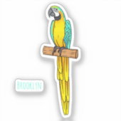 青と黄色のマカオの鳥の漫画イラストレーション シール (正面)