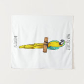 青と黄色のマカオの鳥の漫画イラストレーション タペストリー (正面(横))