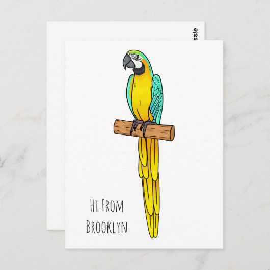 青と黄色のマカオの鳥の漫画イラストレーション ポストカード (正面/裏面)