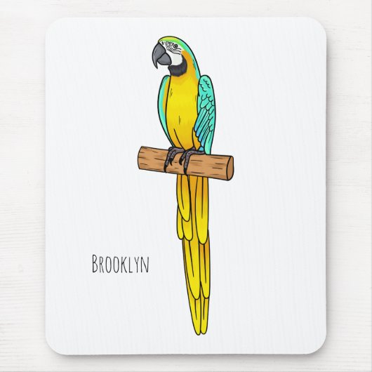 青と黄色のマカオの鳥の漫画イラストレーション マウスパッド (正面)