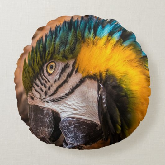 青と黄色のマカオポートレート ラウンドクッション (正面)