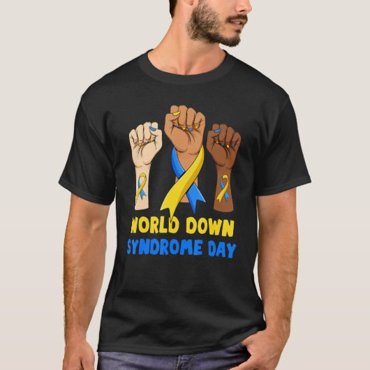 青と黄色のリボン 手をつなぐ 世界ダウン症候群の日 Tシャツ (正面)