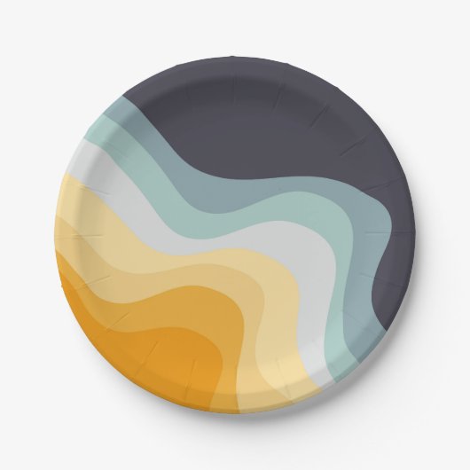 青と黄色のレトロスタイル波 ペーパープレート (正面)