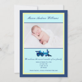 青と黄色の列車をテーマにした写真誕生 案内状